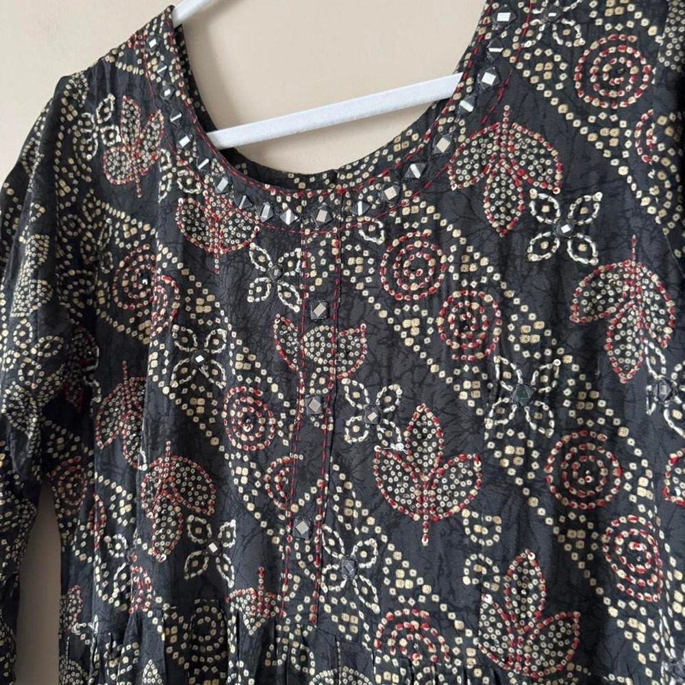 Indian cotton maxi dress XL gray red embroidery gold mirror boho pattern - Picture 2 of 8